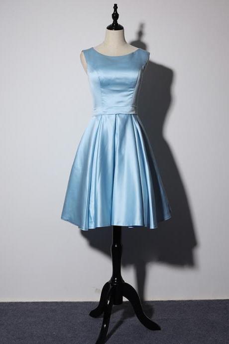 Simple Light Blue Prom Dresses, Scoop Neck Satin Knee-length Prom Dress, Short Evening Party Gowns