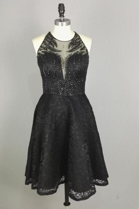 Black Beaded Lace Homecoming Dress,sexy Black Beaded Backless Short Prom Dresses,front Short And Long Back Evening Gowns