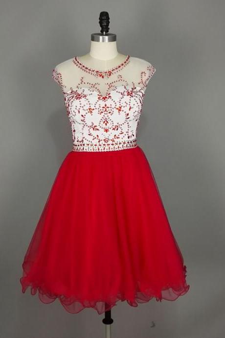 Sexy Short Red Beaded Short Prom Dresses,front Short And Long Back Evening Gowns