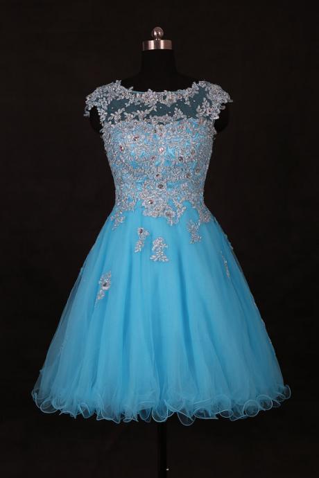 Lace Applique Blue Short Prom Dress, Blue Graduation Dress,Short Prom Dresses,Short Dress