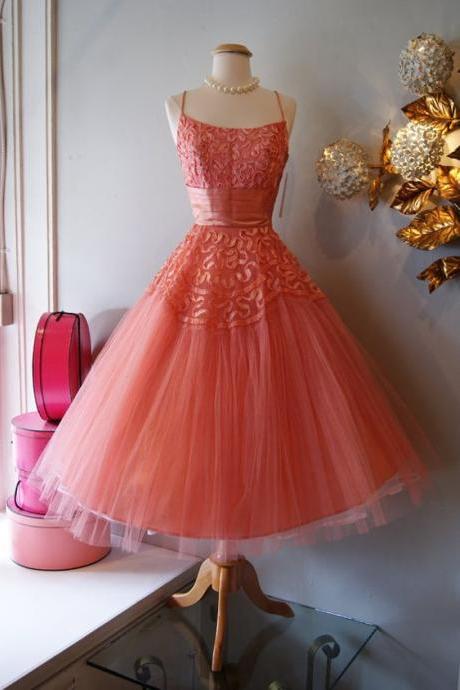 Vintage Prom Dress, Coral Prom Gowns, Lace Homecoming Dress