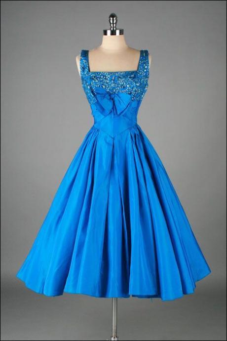 Vintage Prom Dress, Blue Prom Gowns, Mini Short Homecoming Dress