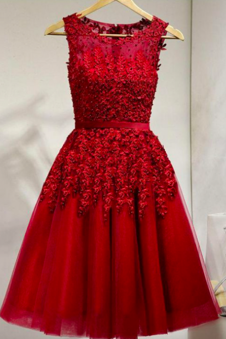 Red Prom Dresses, Tea Length Prom Dresses, Lace Evening Dresses, Tulle Evening Dresses, Pearls Prom Dresses