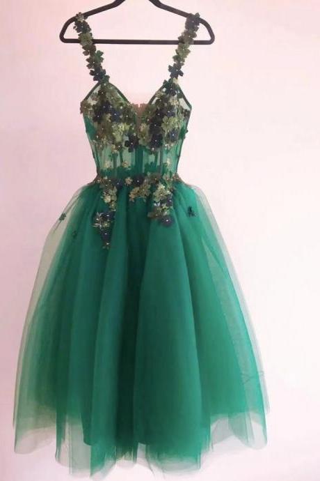 Green Prom Dresses, Sweetheart Prom Dresses, Flowers Prom Dresses, Tulle Prom Dresses, Green Evening Gowns, Mini Cocktail Dresses