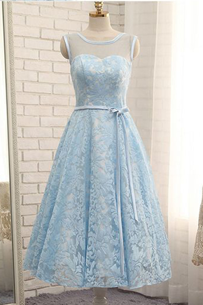 Pale Blue Tea-length Scoop Sleeveless Lace Homecoming Dress,sheer Neck Prom Dress With Belt,tea-length Formal Dresses,prom Gown