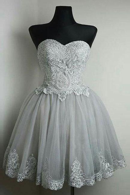 Strapless Sweetheart Neck Grey Homecoming Dresses,lace Appliqued Tulle Short Prom Dresses,mini Dress,short Formal Dress,sweet Dress