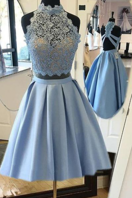 Sky Blue Halter Two Piece Homecoming Dresses,two Piece Prom Dress,open Back Sleeveless Short Prom Dress,lace Short Satin Party Dress