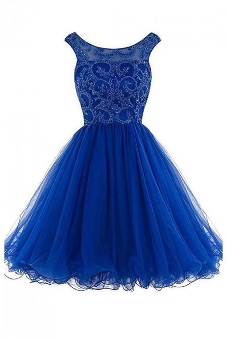 Royal Blue Sleeveless Tulle Homecoming Dresses,a-line Charming Homecoming Gown With V-back,royal Blue Party Dress,graduation Dress