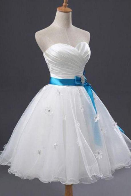 White Sweetheart Homecoming Dress, Strapless Tulle Sweetheart Short Prom Dress With Blue Belt,homecoming Gown With Flowers