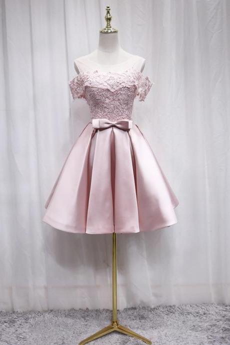 Pink Satin Lace Short Prom Dress, Party Dress