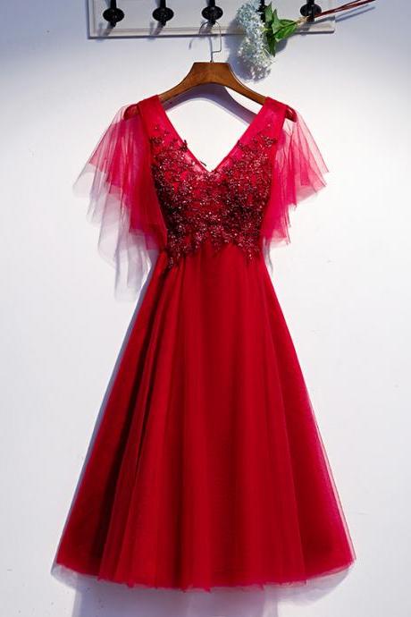 Burgundy Tulle Short Prom Dress, Homecoming Dress