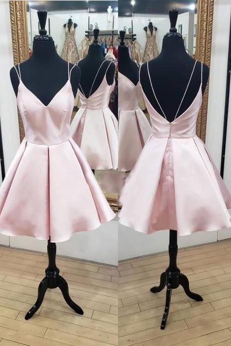 Pink V Neck Satin Short Prom Dress, Pink Evening Dress
