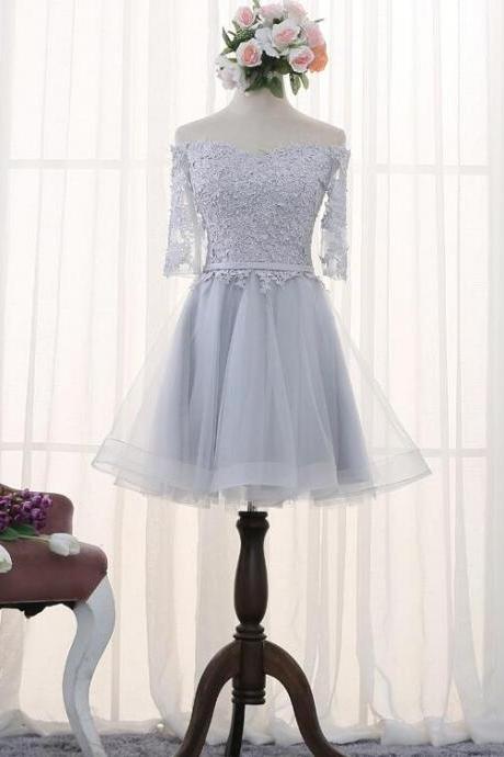 Lovely Grey Tulle Short Homecoming Dress, Grey Lace Prom Dress