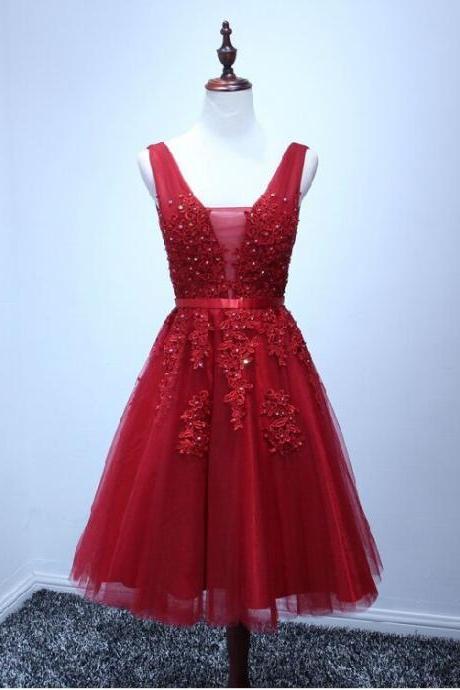Homecoming Dress, Short Red Homecoming Dress, Short Applique Prom Dress, Lace Party Prom Dress