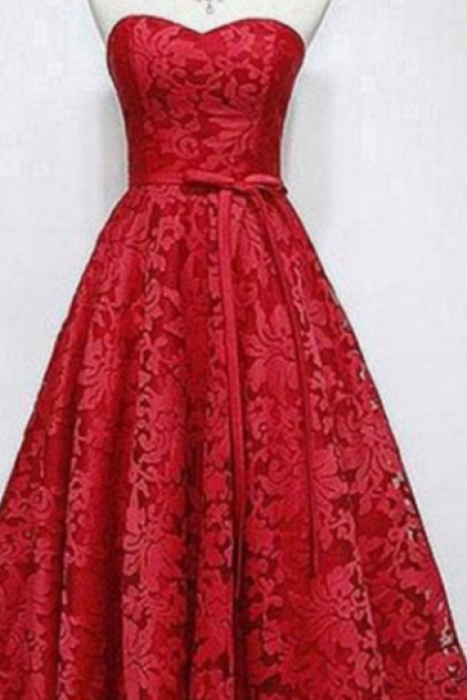 Red A Line Sweetheart Homecoming Dresses,Ankle Length Lace Homecoming Dress, Red Lace Prom Dresses