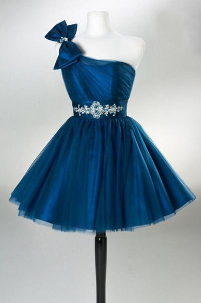 Short Tulle Homecoming Dress, Featuring Bow Accent One Shoulder Ruched Bodice