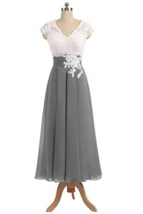 Ankle Length V Neck Cap Sleeves Silver Gray Mother of the Bride Dresses, prom dress with Appliques