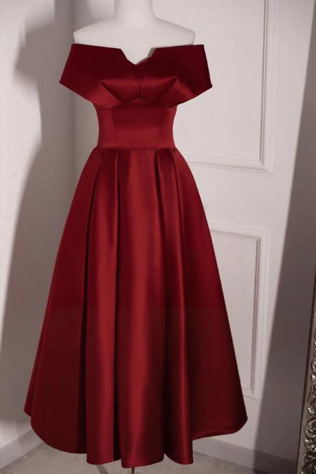 Red satin dress, simple homecoming dress, off shoulder party dress