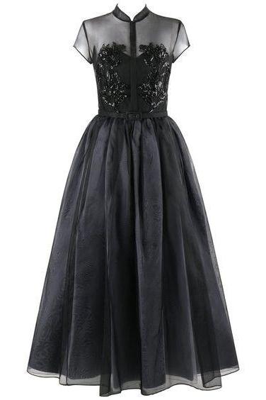 Black High Collar Lace Appliques Homecoming Dresses,Elegant A-Line Pleated Tulle Homecoming Dresses
