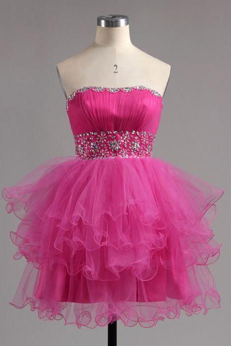 Strapless Pink Homecoming Dress with Beaded Belt, Tulle Lace-up Homecoming Dress, Royal Blue Mini Ruffles Homecoming Dress