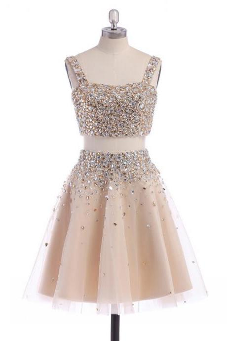 Square Neck Tulle Short Homecoming Dress, Sweet Two Piece Champagne Homecoming Dress, Crystal Mini Homecoming Dress