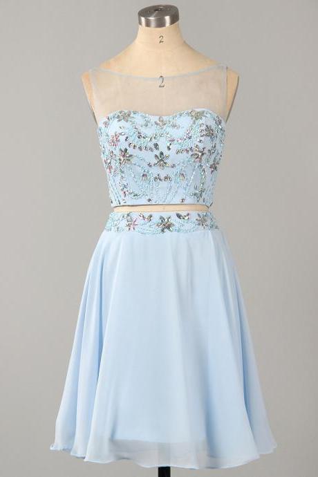 Illusion Mist Blue Low Back Homecoming Dress, Two Piece Short Homecoming Dress with Beads and Crystal, Chiffon Homecoming Dress