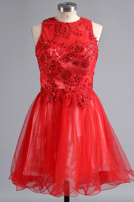 Jewel Neck Red Homecoming Dress with Lace Appliques, Key Hole Short Homecoming Dress, Open Back Mini Homecoming Dress with Beads