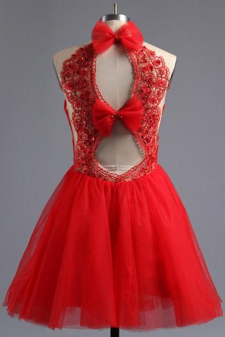 Red Illusion Homecoming Dress with Key Holes Back, Tulle Homecoming Dress with Bowknots, Mini Homecoming Dress with Lace Appliques