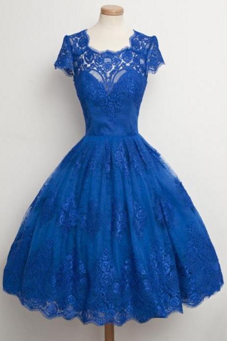 Princess Scalloped Neck Homecoming Dresses, Classic Blue Lace Knee-length Homecoming Dresses, New Arrival Lace Homecoming Dresses