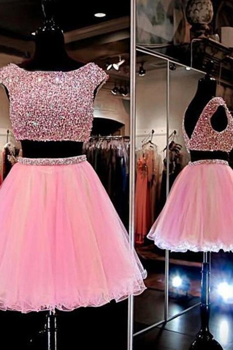 Beautiful Princess Boat Neck Homecoming Dresses, Crystal Beaded Two Piece Homecoming Dresses, Pink Tulle Short Homecoming Dresses