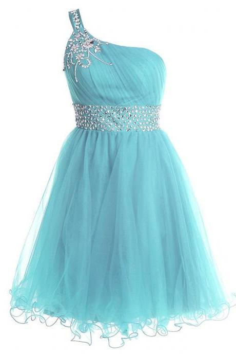 Trendy One Shoulder Short Prom Dress, Sequins Belt Lace-up Light Blue Prom Dress, Flower Beaded A-line Mini Tulle Prom Dress