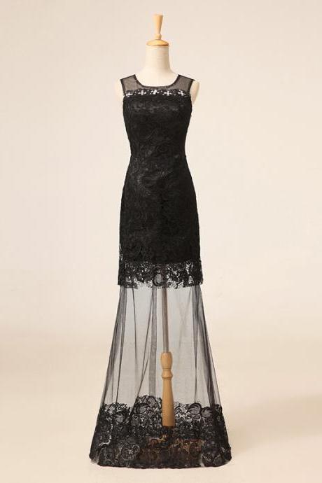 Square Neck Beads Lace Appliques Long Prom Dress, Black Lace Sheath Prom Dress, See-through Tulle Floor Length Prom Dress