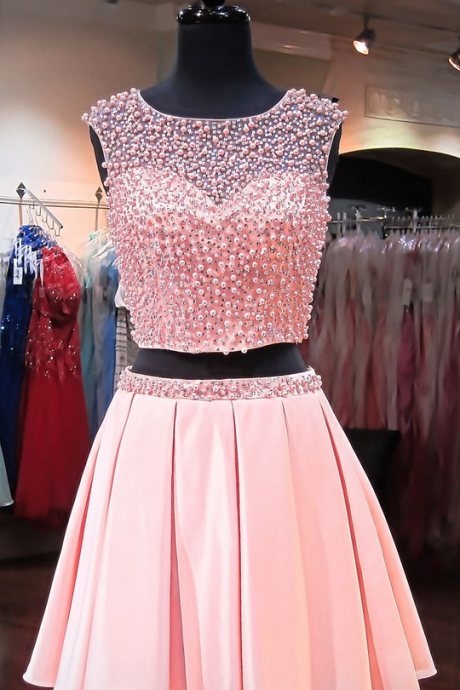 Pink Crystal Pearl Tulle Short Prom Dress, Two Piece Satin Pleats Mini Prom Dress