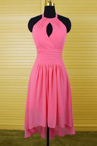 Fuchsia Bridesmaid Dress With Keyhole Front, Halter Chiffon Bridesmaid Dress, Asymmetrical Bridesmaid Dress With Soft Pleats