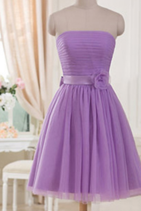 Lilac Bridesmaid Dress With A Ribbon, Graceful Short Bridesmaid Dresses With Ruching Details, Strapless Mini Bridesmaid Gowns
