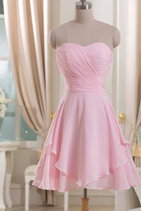 Sweetheart Short Bridesmaid Dress With Ruching Detail, Pink Chiffon Bridesmaid Dresses, Short Bridesmaid Dresses