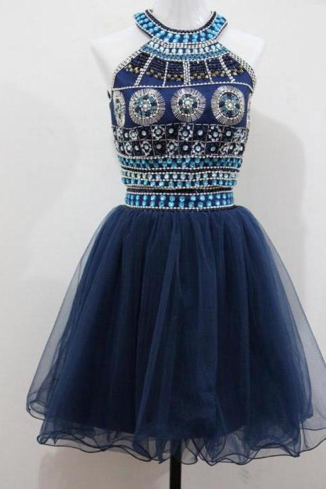 Two Piece Homecoming Dresses,crystal Beaded Sequined Short Prom Dress,gorgeous O-neck Party Dress Short Dress