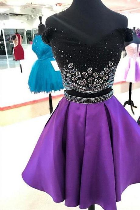 Chic Short Two Piece Prom Dress,off The Shoulder Prom Dress,beautiful Beads Homecoming Dress,black And Purple Graduation Dress
