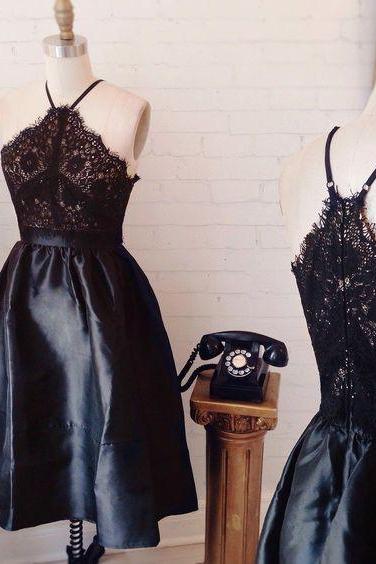 Lace Up Black A-line Homecoming Dress, Satin High Neck Homecoming Dress