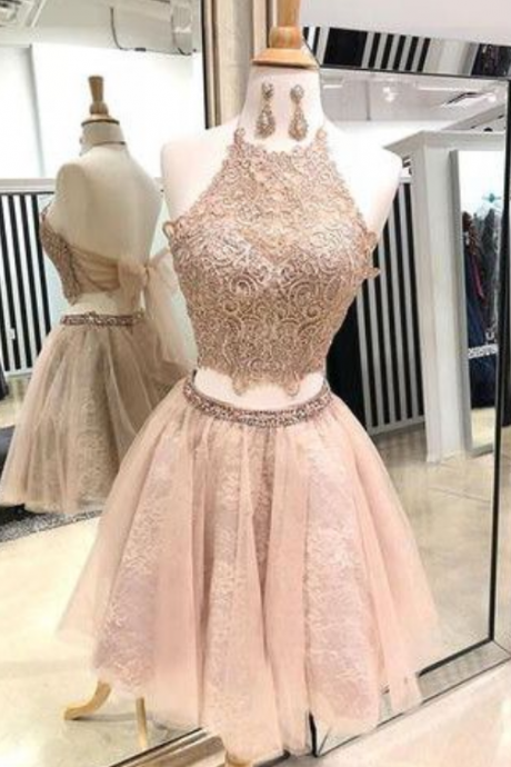 Chic Two Pieces Homecoming Dresses, Lace Short Prom Dress, Halter Homecoming Dress