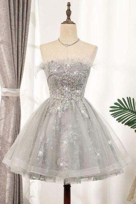 Gray Tulle Sequins Homecoming Dress, Short Homecoming Dresses,short Prom Dresses,charming Homecoming Dresses