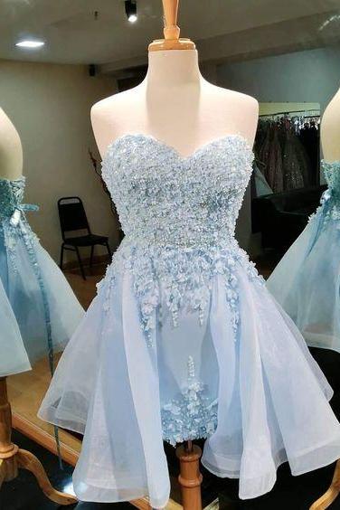 Strapless Blue A-line Homecoming Dress, Short Homecoming Dresses,short Prom Dresses,charming Homecoming Dresses