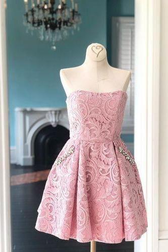 Strapless Short Pink Lace Homecoming Dress, Short Homecoming Dresses,short Prom Dresses,charming Homecoming Dresses