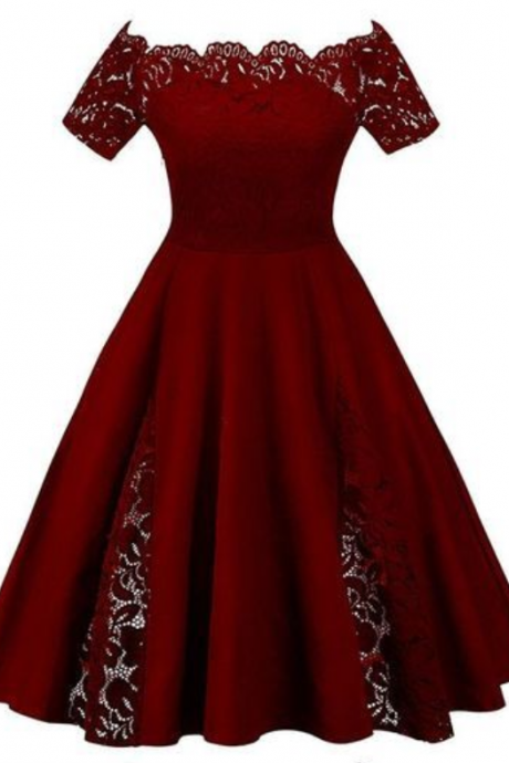 Elegant Burgundy Lace Homecoming Dress,off Shoulder Short Sleeves Prom Dress