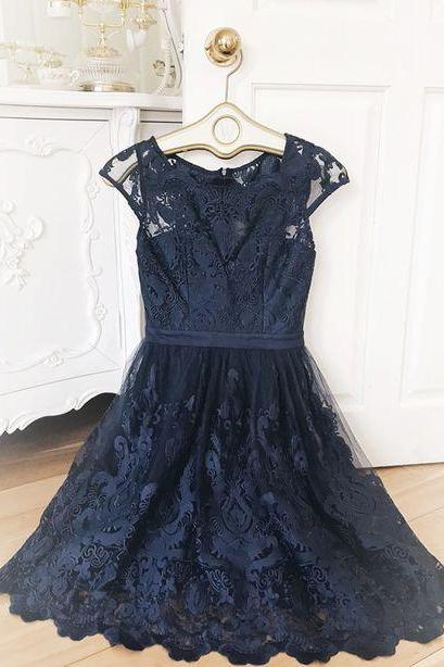 Blue Lace Short Prom Dress, Homecoming Dress