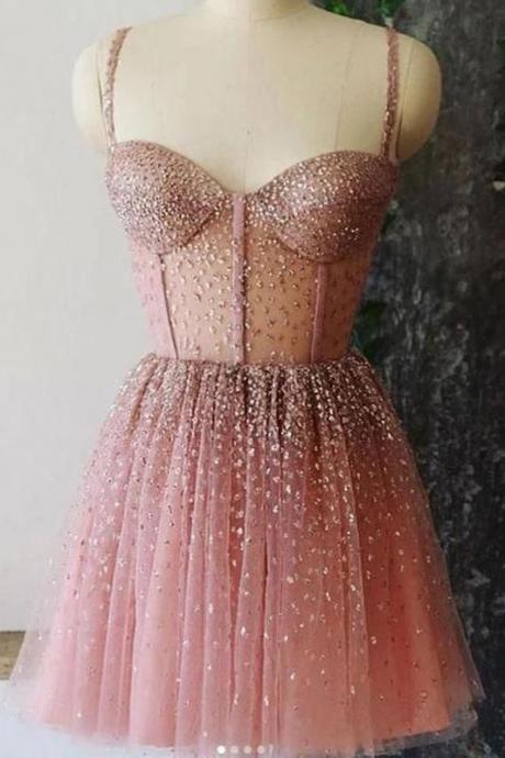 A Line Spaghetti Straps Sweetheart Tulle Beads Homecoming Dresses, Short Prom Dresses