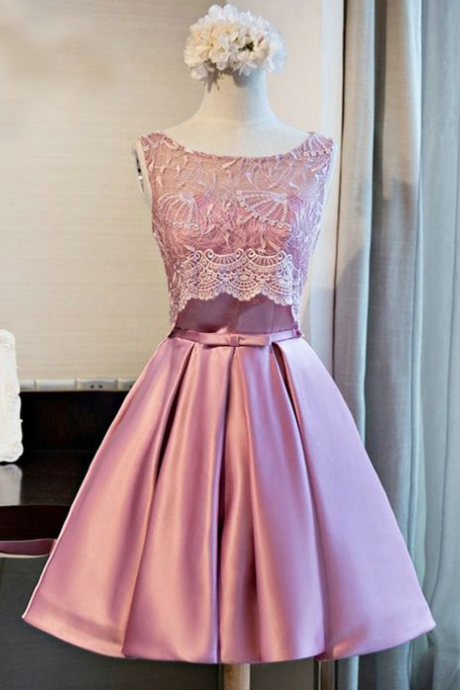 A-line Scoop Knee-length Pink Satin Homecoming Dress With Lace