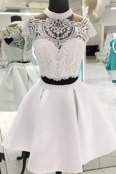 Two Piece High Neck White Prom Homecoming Dress With Appliques
