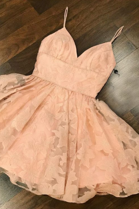 A-line Spaghetti Straps Pink Short Homecoming Dress, Cute Short Prom Dresses