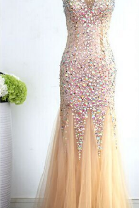 Mermaid Champagne Long Prom Dresses， Champagne Tulle With Crystal Prom Gown